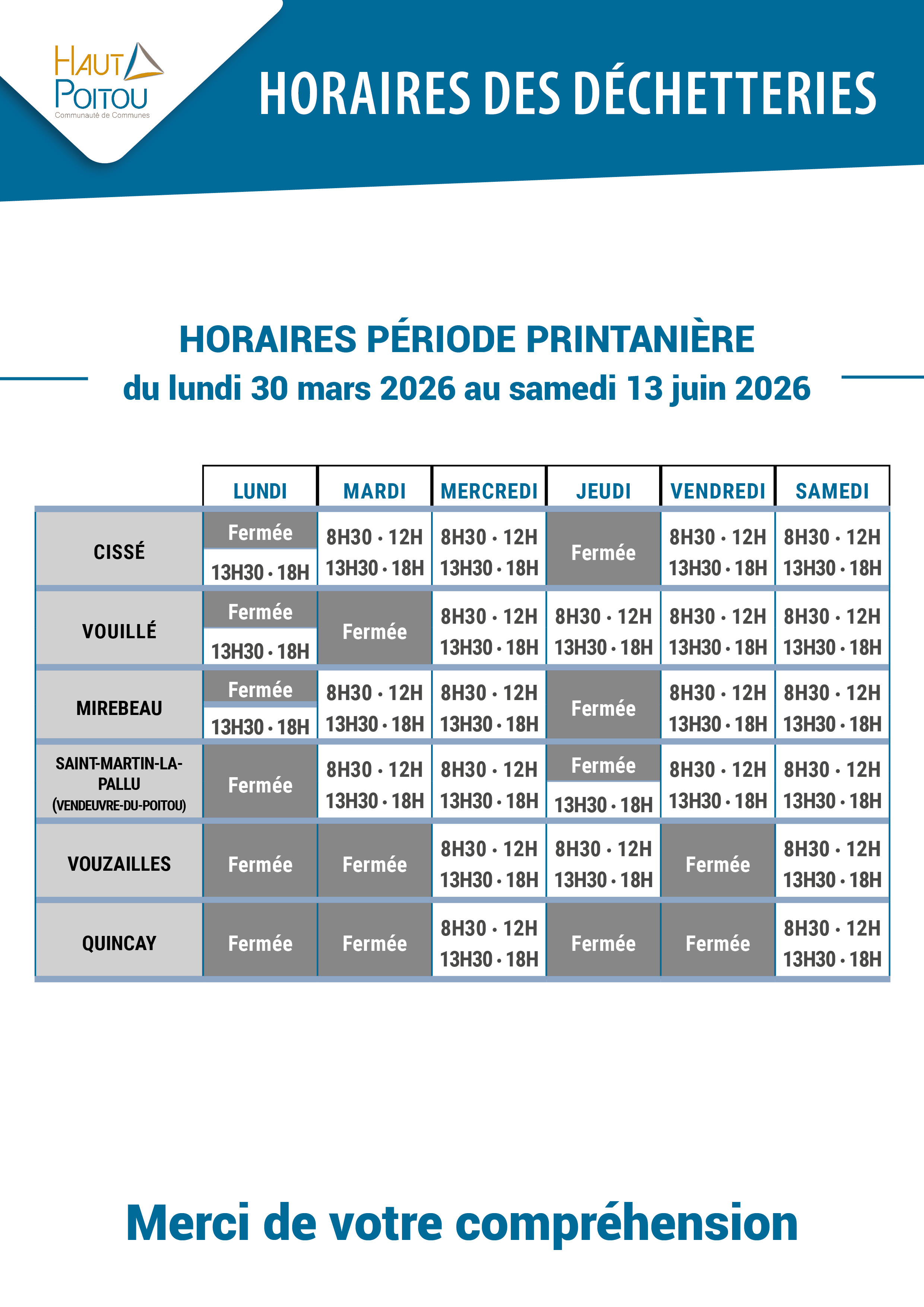 ENV Horaires printemps déchetteries 2026